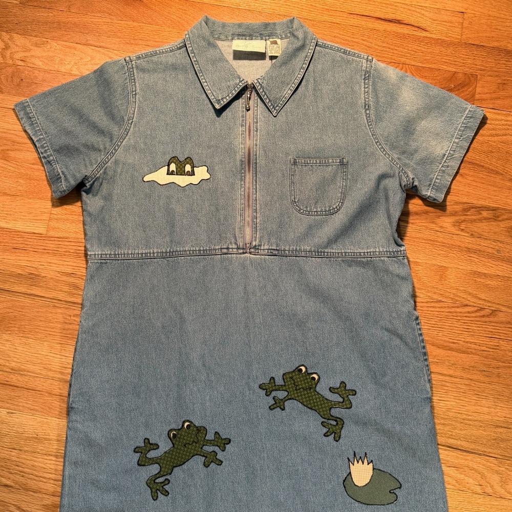 The Cedar House Vintage Denim Frog Applique Midi Dress Blue Large Made in USA